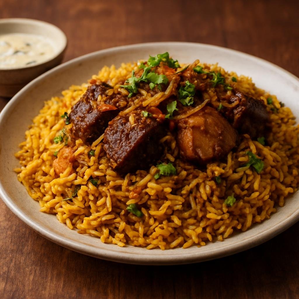 Entree: Mayotte – Briyani de Mayotte (Aromatic layered rice and spiced meat cooked with coconut and Indian Ocean flavors) recipe