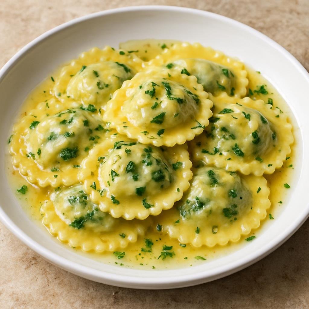 Entree: Monaco – Ravioli Niçois (Small filled pasta from the Nice/Monaco region stuffed with leafy greens and cheese, served with a light sauce) recipe