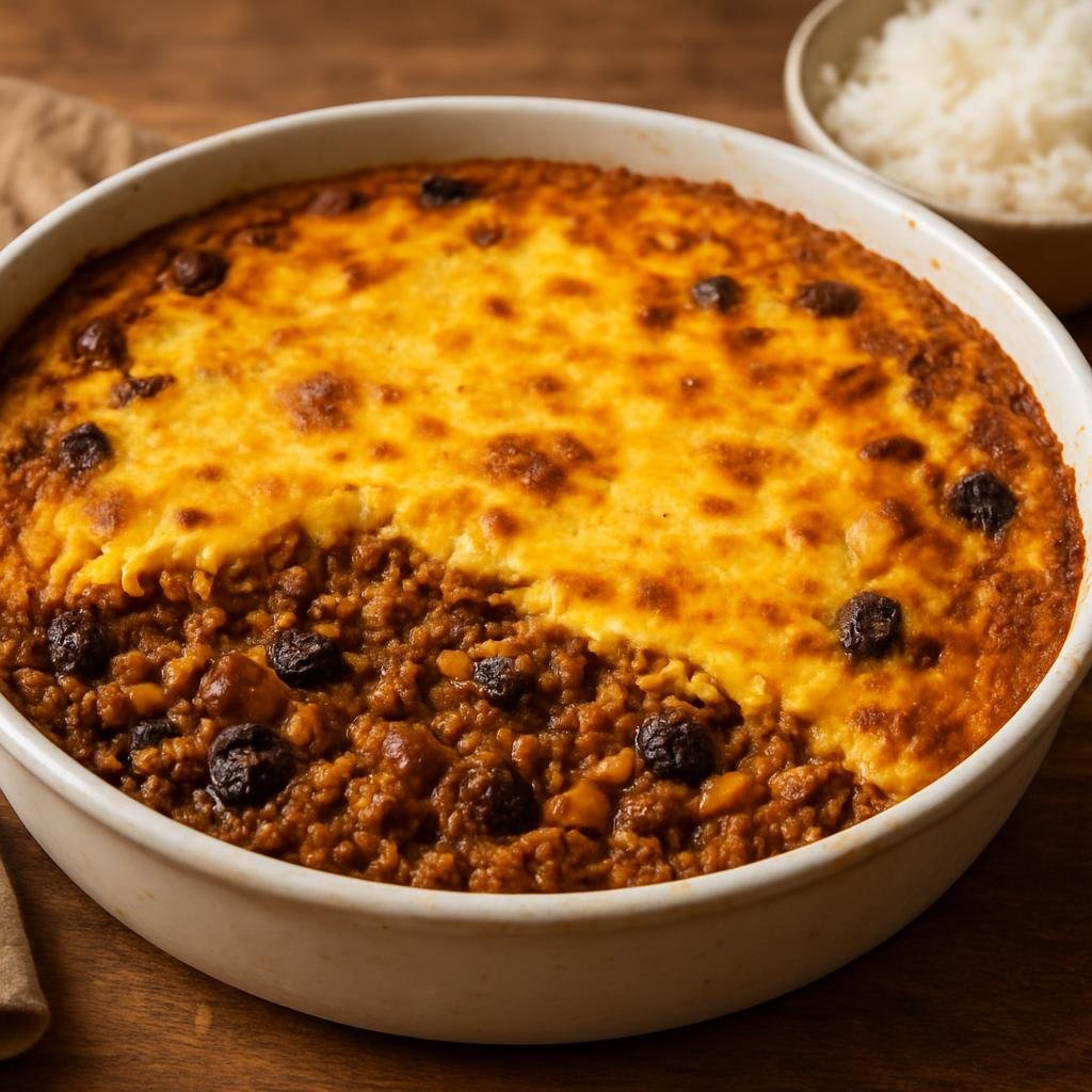 Entree: Namibia – Bobotie (Spiced minced meat and fruit casserole baked with an egg-and-milk custard topping) recipe