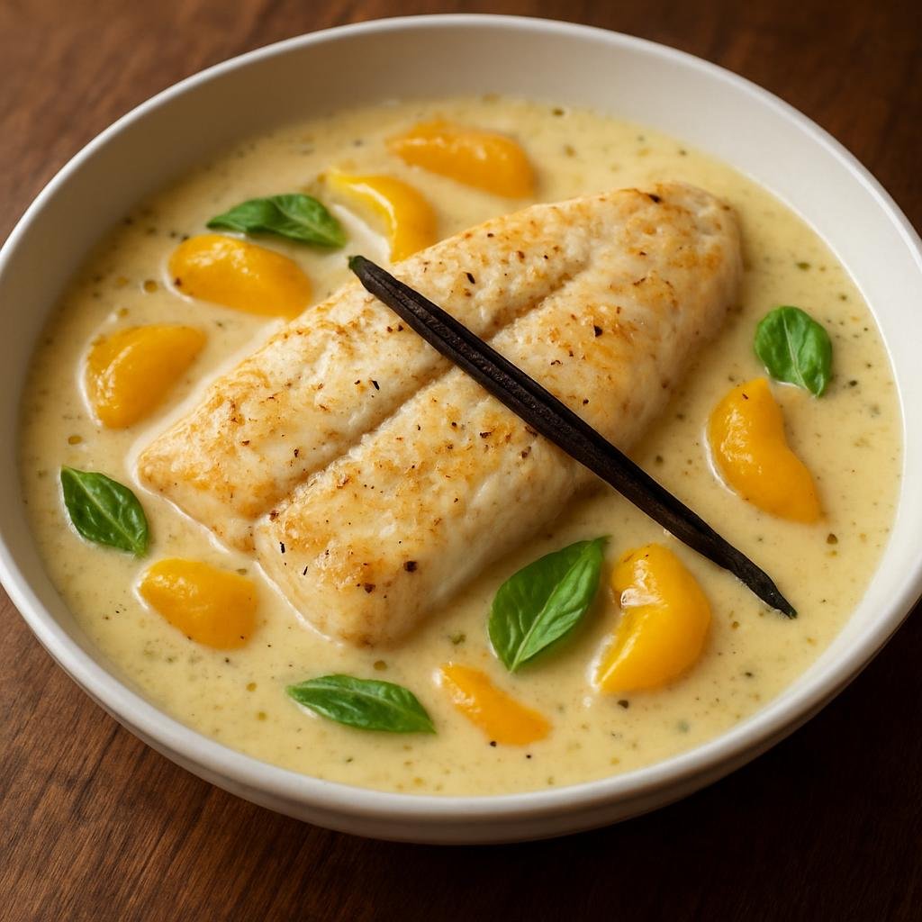 Entree: Réunion – Poisson à la Vanille (Fish cooked with vanilla-scented cream and tropical flavors) recipe