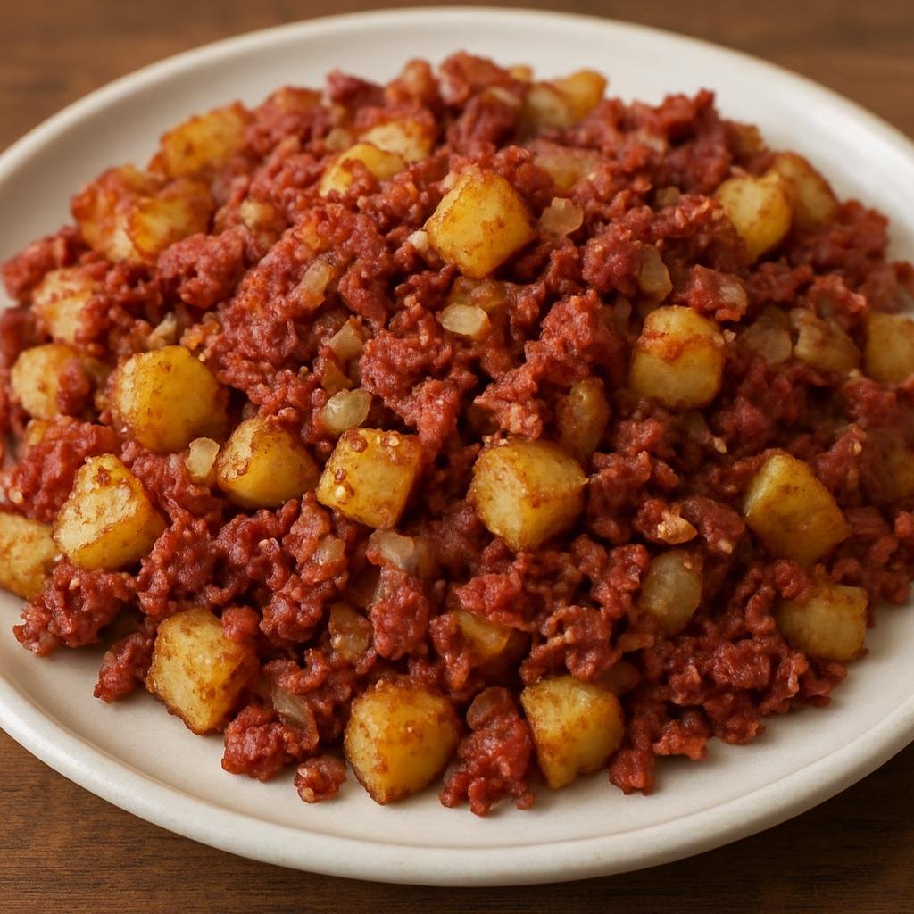Entree: Saint Helena, Ascension and Tristan da Cunha – Corned Beef Hash (Pan-fried mixture of corned beef, potatoes, and onions) recipe