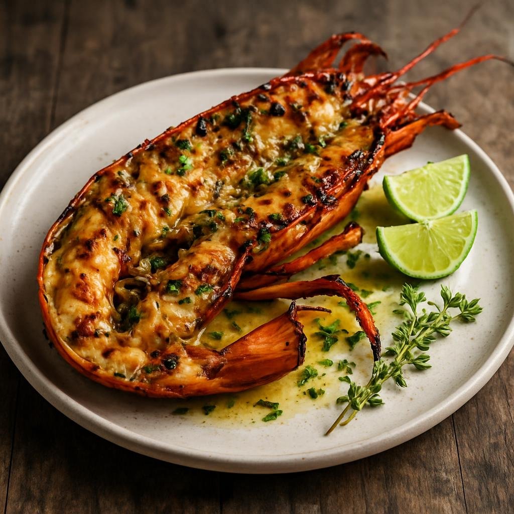 Entree: Saint Kitts and Nevis – Grilled Lobster (Split whole lobster char-grilled and basted with a garlicky lime-thyme butter in Kittitian style) recipe