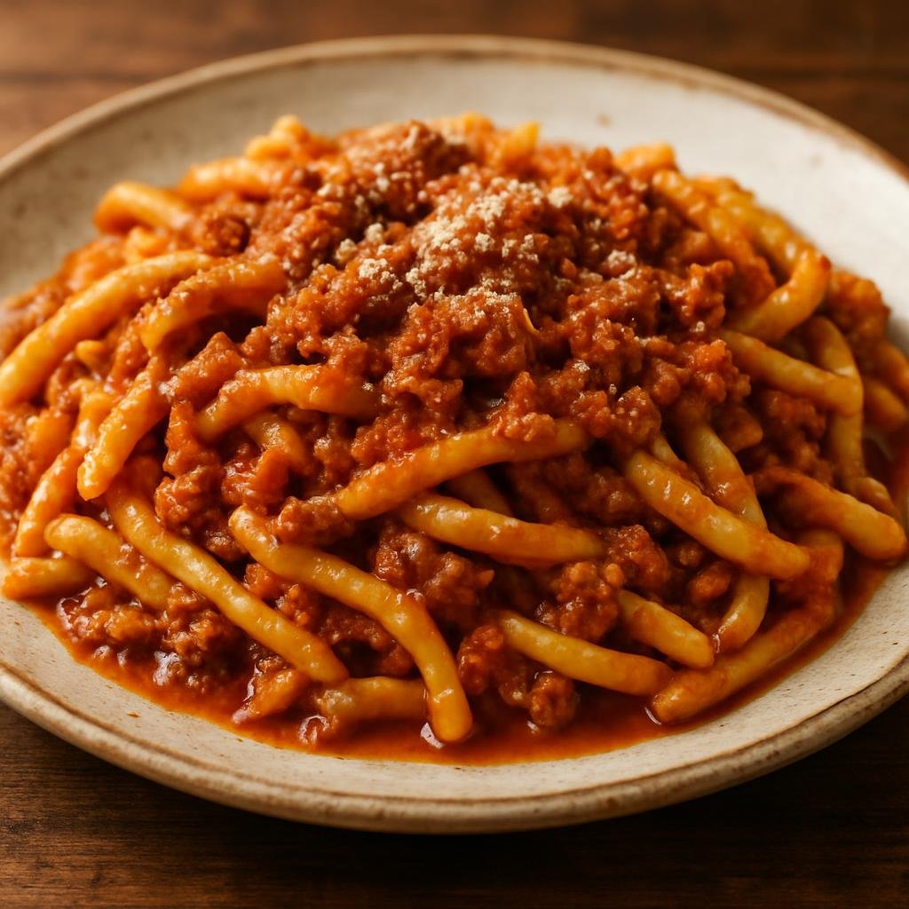 Entree: San Marino – Strozzapreti al Ragù (Rustic hand-rolled pasta served with a slow-simmered meaty tomato ragù) recipe