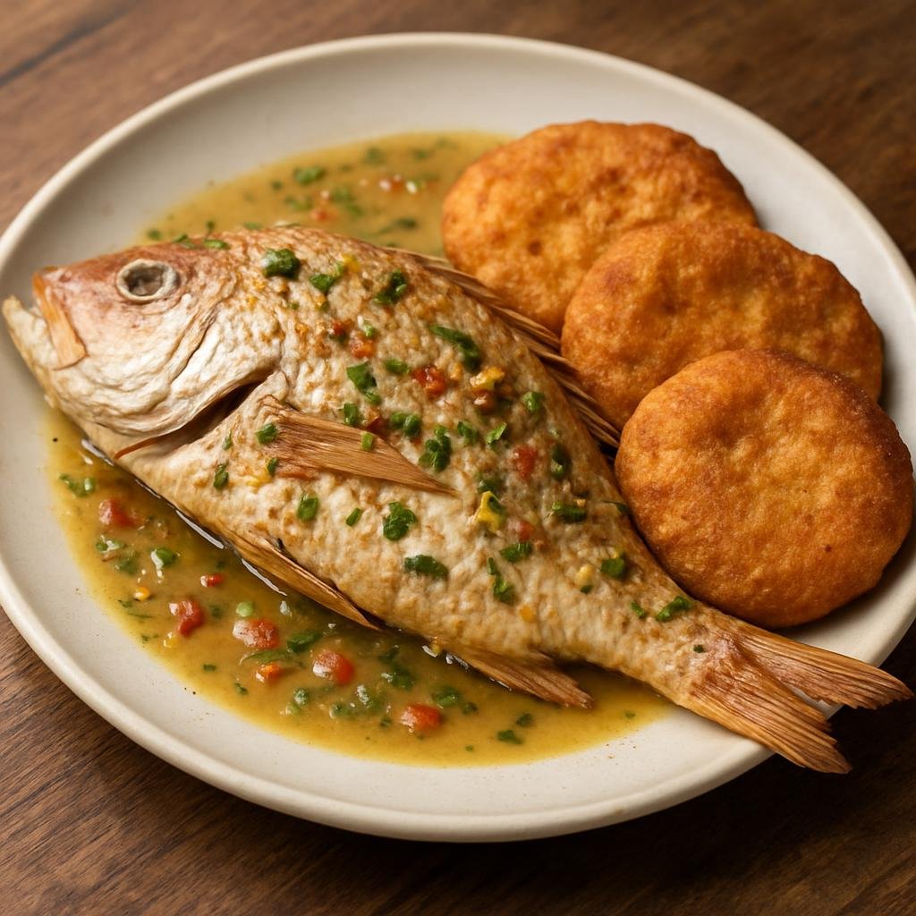Entree: Turks and Caicos Islands – Boiled Fish and Johnny Cake (Seasoned boiled whole fish served with fried cornmeal johnny cakes) recipe