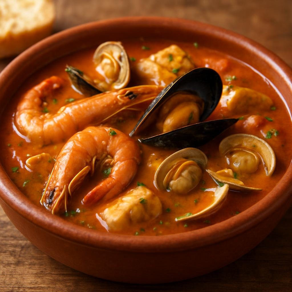 Entree: Uruguay – Cazuela de Mariscos (Uruguayan seafood stew of mixed fish and shellfish in a tomato-saffron broth) recipe
