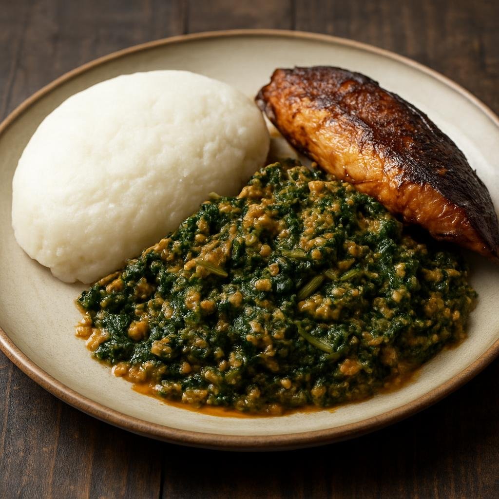 Entree: Zambia – Chibwabwa (Braised Zambian pumpkin leaves cooked with ground peanuts and smoked fish, traditionally served with maize nshima) recipe