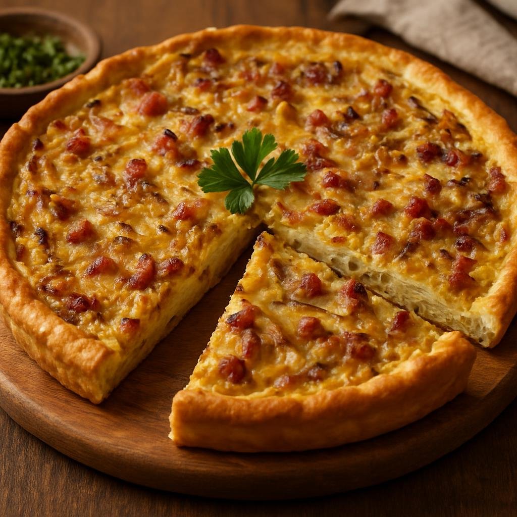 Entree: Germany – Baden – Badischer Zwiebelkuchen (Savory Baden-style onion tart with bacon and creamy egg custard on a yeast dough) recipe