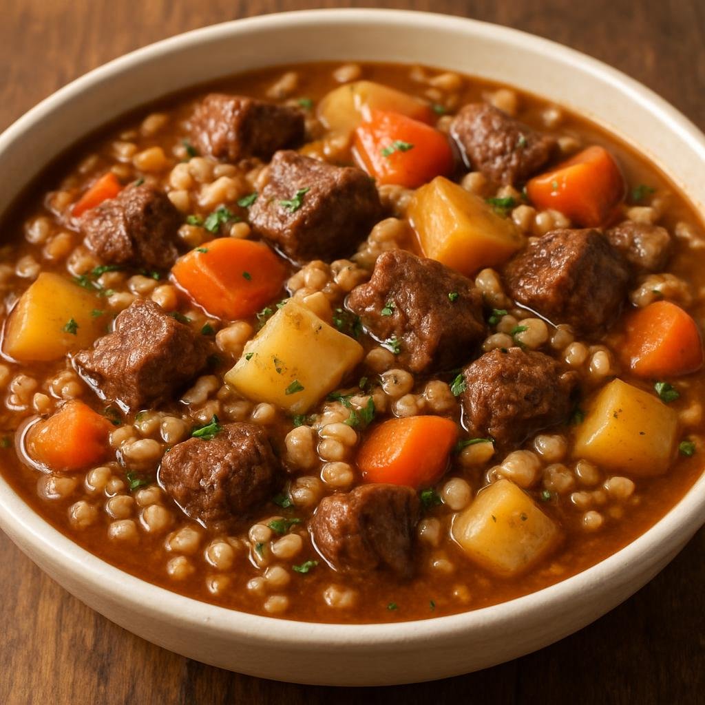 Entree: Canada – Alberta – Beef and Barley Stew (Hearty slow-simmered beef stew with pearled barley and root vegetables) recipe