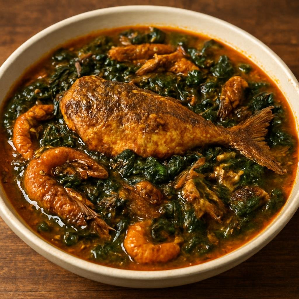 Entree: Nigeria – Calabar / Efik-Ibibio – Ukang Ukom (Calabar Efik fish and leafy-green stew cooked in palm oil with smoked seafood and ground crayfish) recipe