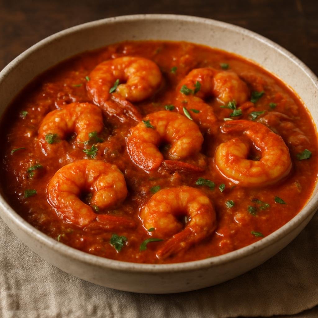Entree: United Kingdom – British Indian Cuisine – Prawn Madras (Spicy tomato-based curried prawns cooked in a tangy Madras-style sauce) recipe
