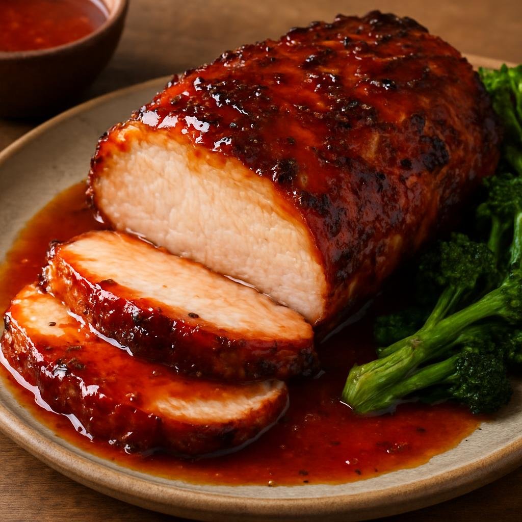 Entree: Australia – Australian Indigenous & Bush Foods – Quandong Glazed Pork (Roast pork loin brushed with a tangy-sweet glaze made from quandong, a native Australian wild peach, and seasoned with bush spices) recipe