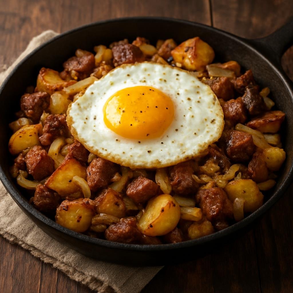 Entree: Austria – Central Culinary Region – Tiroler Gröstl (Tyrolean pan-fried skillet of potatoes, onions and diced roast meat, finished with a fried egg) recipe