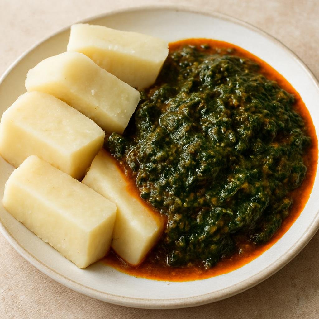Entree: Ghana – Accra & Coastal Ghana – Ampesi with Kontomire Stew (Boiled yam or plantain served with a palm-oil based cocoyam-leaf stew) recipe
