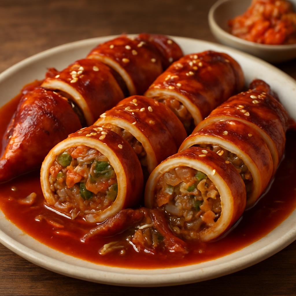 Entree: South Korea – Gangwon – 오징어순대 ➤ Ojingeo-sundae (Stuffed squid sausage made from squid filled with seasoned pork, glass noodles, and vegetables) recipe