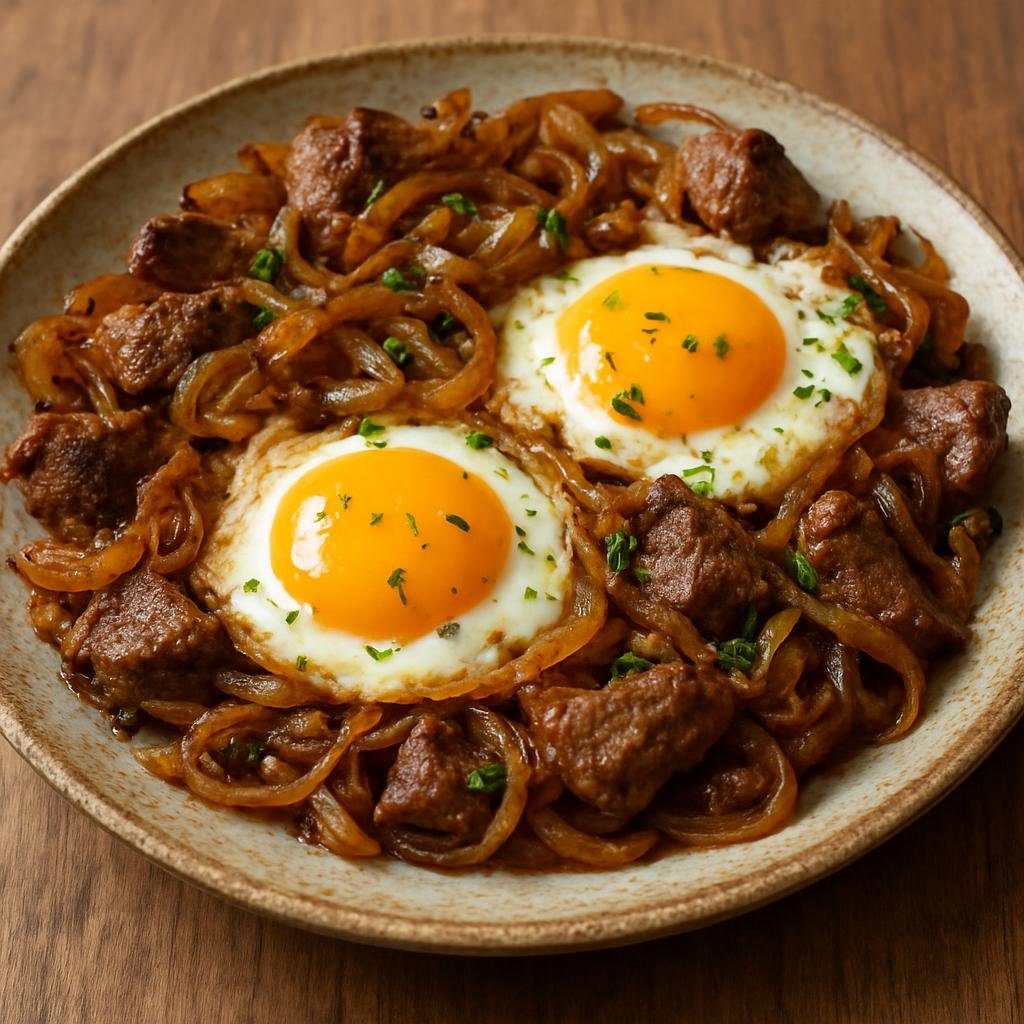 Entree: Uzbekistan – Bukhara – Jiz Biz (Pan-fried Bukhara-style lamb and caramelized onions finished with eggs) recipe