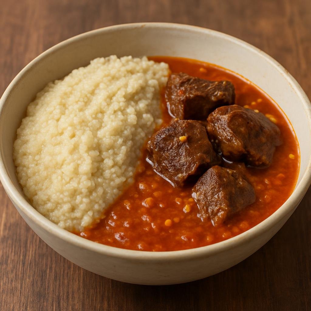 Entree: Burkina Faso – Central Culinary Region – Benga (Millet porridge served with a rich tomato–peanut stew and braised beef) recipe