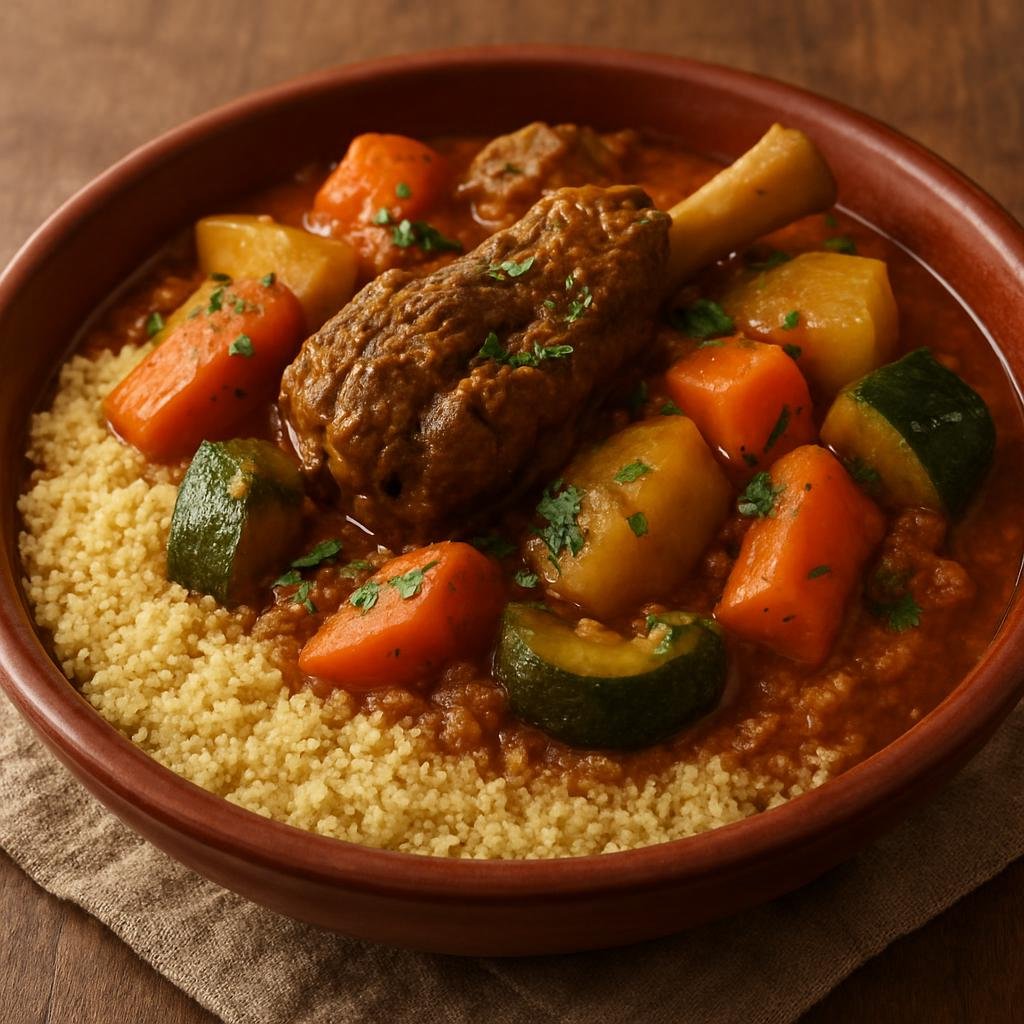 Entree: Mauritania – National Cuisine – كسكس موريتاني ➤ Kuskus Mauritani (Steamed semolina grains served with a spiced lamb and vegetable stew) recipe