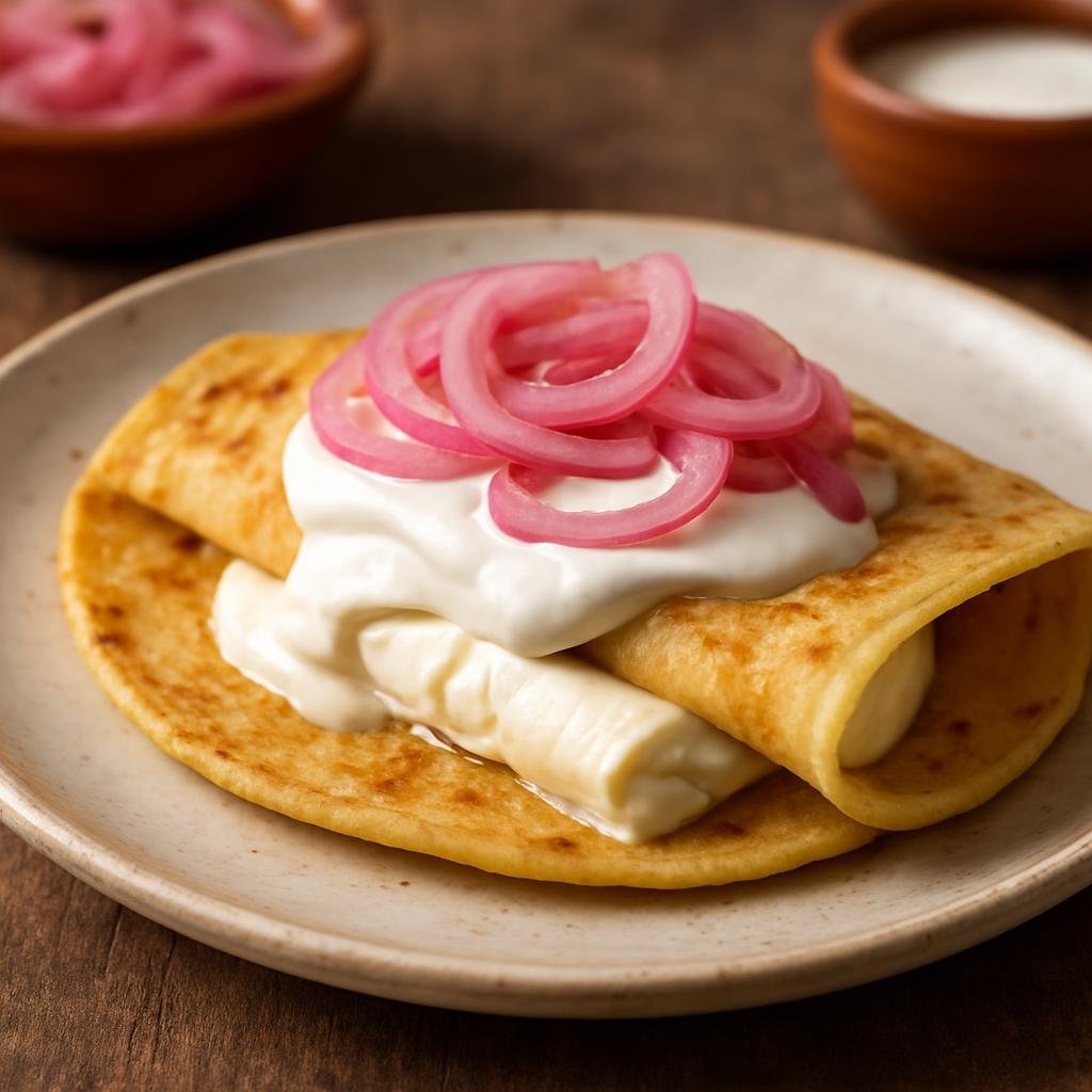 Entree: Nicaragua – National Cuisine – Quesillo (Soft fresh cheese rolled in a warm corn tortilla and dressed with crema and pickled onions) recipe