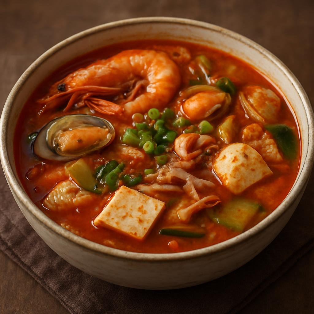Entree: North Korea – North Korean Coastal Cuisine – 매운 해물탕 ➤ Maeun haemultang (Spicy mixed seafood stew in a chili-flavored broth with vegetables and tofu) recipe
