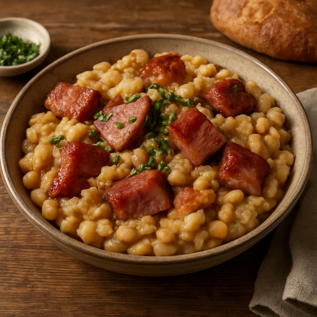 Entree: Slovenia – National Cuisine – Matevž (Hearty rustic mashed dish of potatoes and cooked beans traditionally enriched with smoked pork or bacon) recipe