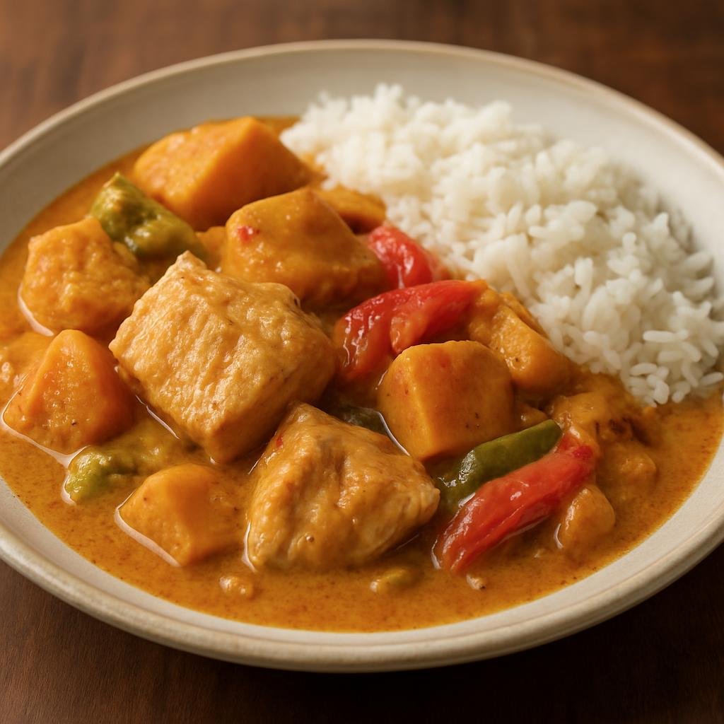 Entree: Suriname – National Cuisine – Her Heri (A hearty Surinamese braise of firm white fish with coconut, peppers, and starchy root vegetables served with rice) recipe