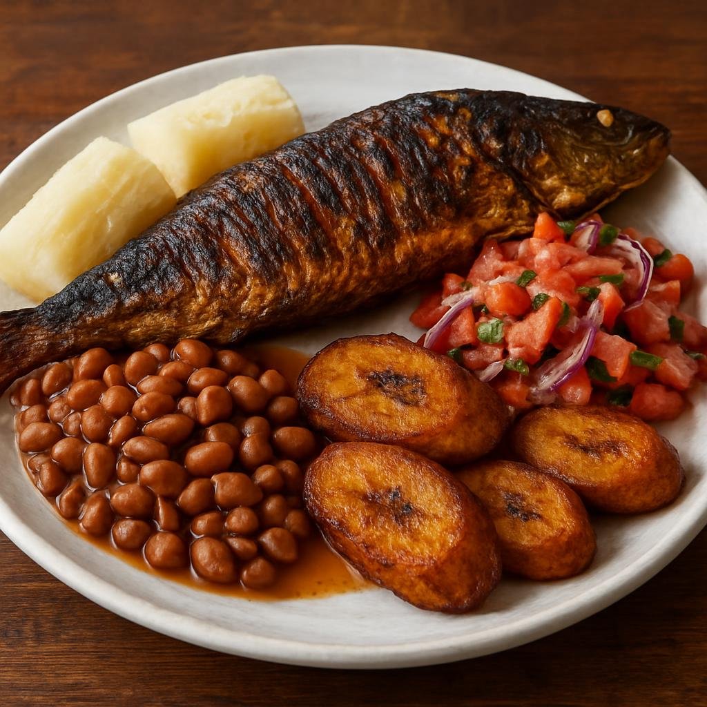 Entree: Angola – Mufete (Grilled or smoked fish platter served with cassava, beans, fried plantain, and a tangy onion-tomato dressing) recipe