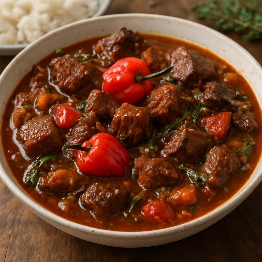 Entree: Cayman Islands – Pepper Pot (Hearty Caribbean slow-braised beef and pork stew flavored with hot peppers and aromatic herbs) recipe