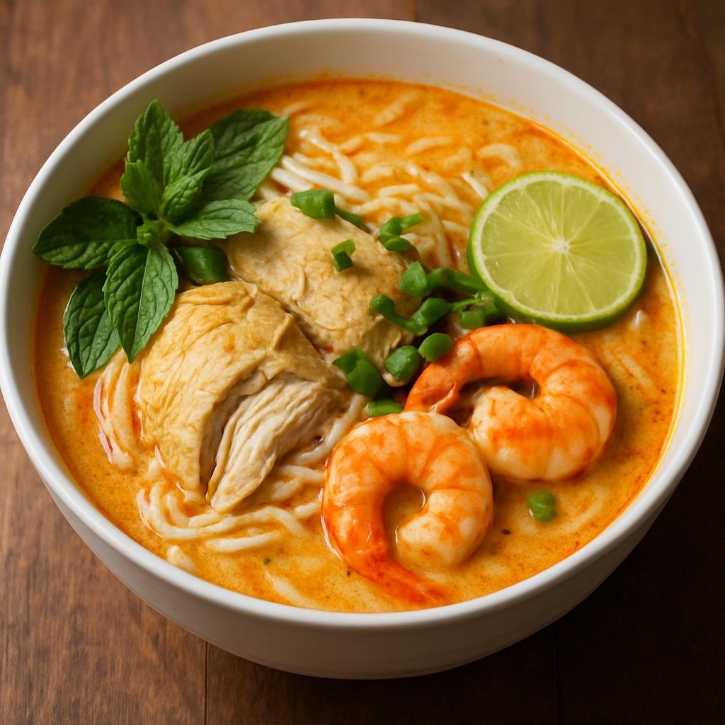Entree: Cocos (Keeling) Islands – Central Culinary Region – Laksa Lemak (Rich coconut milk-based spicy noodle soup with herbs, chicken, shrimp, and rice noodles) recipe