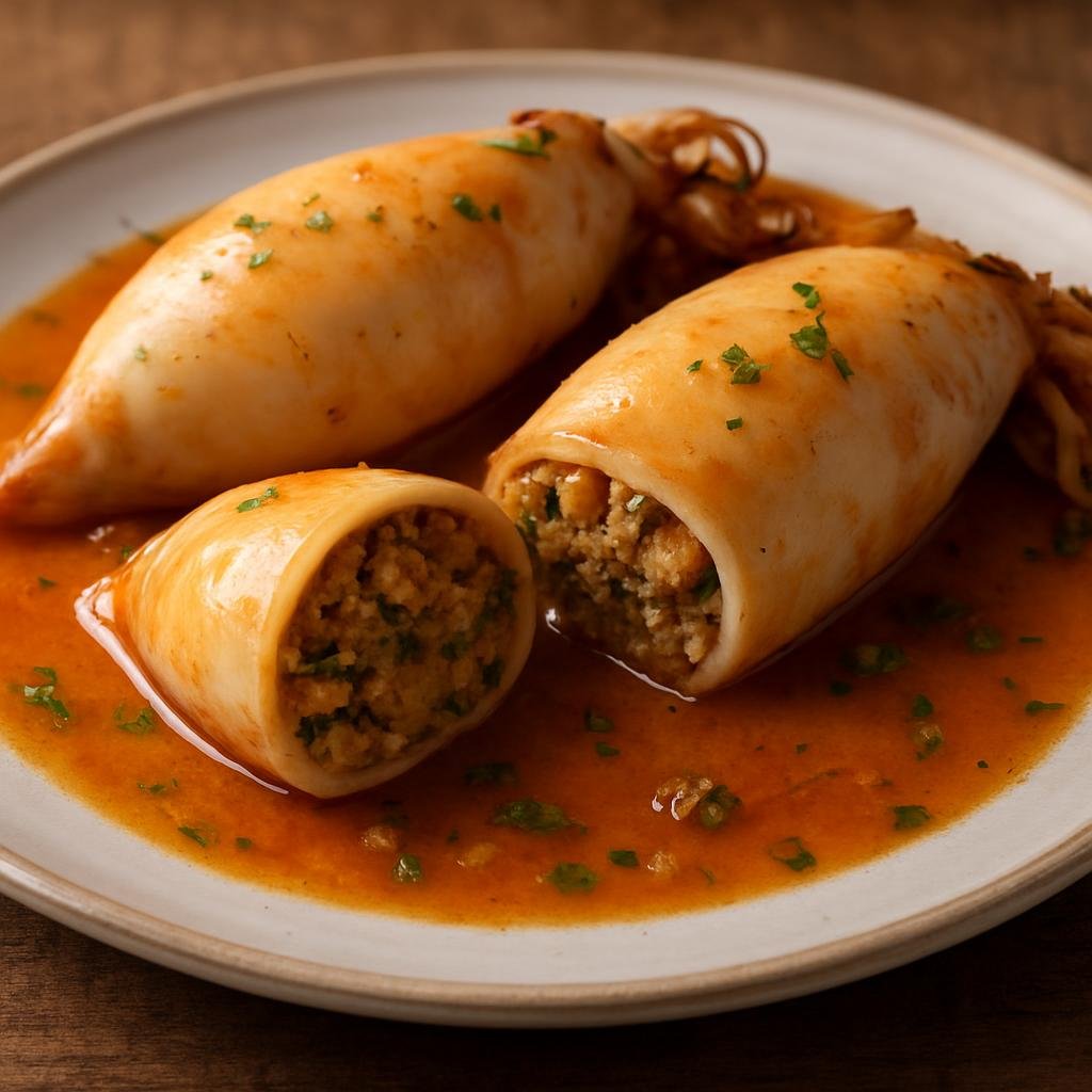 Entree: Falkland Islands (Malvinas) – Central Culinary Region – Stuffed Squid (Whole squid filled with a savory breadcrumb and herb mixture, cooked in a light tomato and white wine sauce) recipe