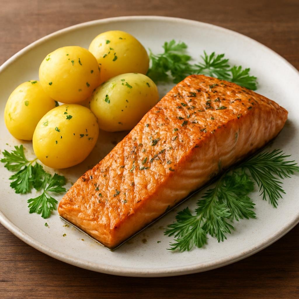 Entree: Faroe Islands – Central Culinary Region – Færøsk laks (Oven-roasted Atlantic salmon fillets seasoned simply in traditional Faroese style and served with boiled potatoes and fresh herbs) recipe