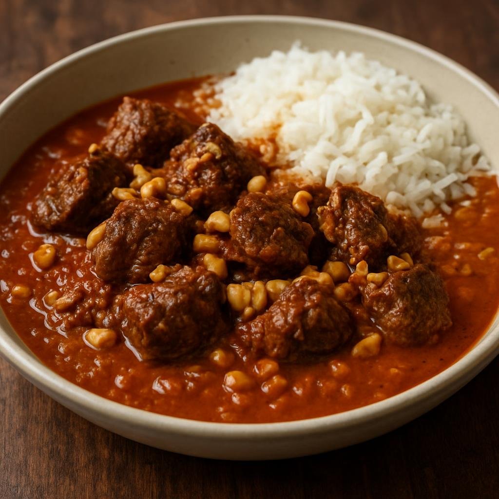 Entree: Gabon – Central Culinary Region – Bœuf à la Gabonaise (Gabonese braised beef in a rich palm-oil and peanut-tomato sauce) recipe