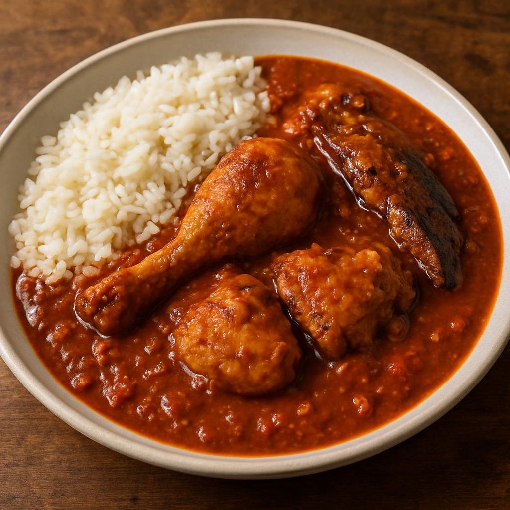 Entree: Gambia – Mbahal (Hearty Gambian peanut and tomato stew with chicken and smoked fish, served with rice) recipe