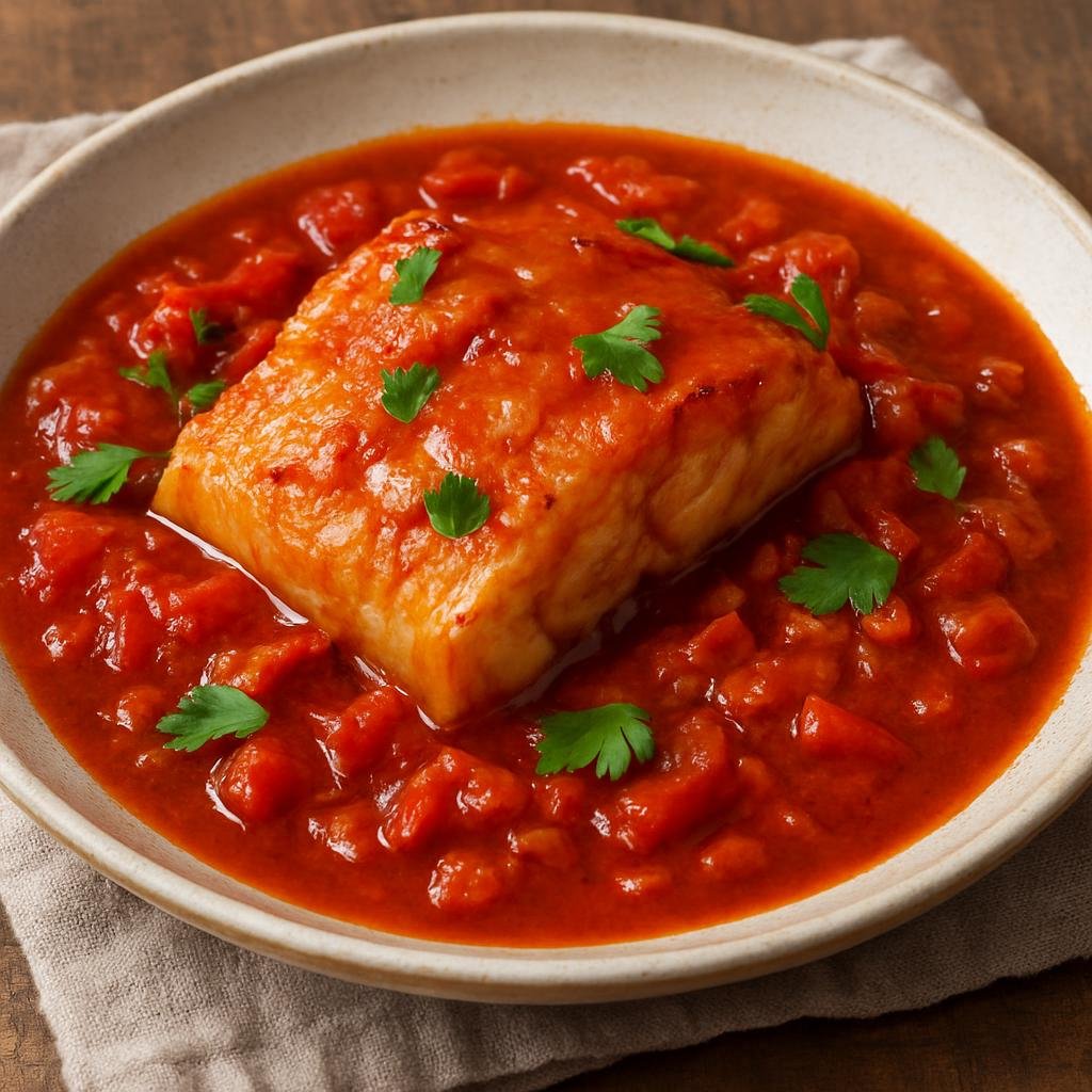 Entree: Gibraltar – Bacalao a la Vizcaína (Salted cod simmered in a rich Basque-style red pepper and tomato sauce) recipe