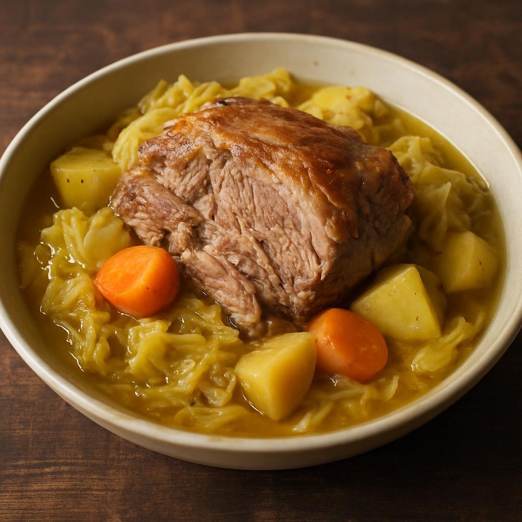 Entree: Guernsey – Guernsey Pork and Cabbage (Slow-cooked pork shoulder with cabbage and root vegetables in a simple broth) recipe