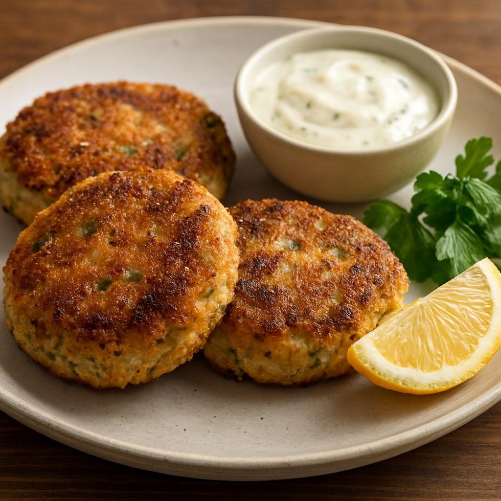 Entree: Canada – British Columbia Coast – Dungeness Crab Cakes (Pan-fried patties made from sweet Dungeness crab meat bound with mayo, egg, breadcrumbs, and herbs) recipe