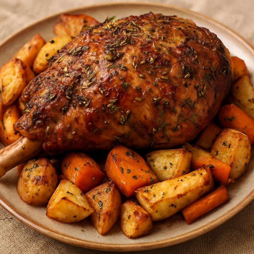 Entree: Isle of Man – Roast Manx Lamb (Roasted leg of lamb from the Isle of Man, seasoned with local herbs and served with roasted root vegetables) recipe