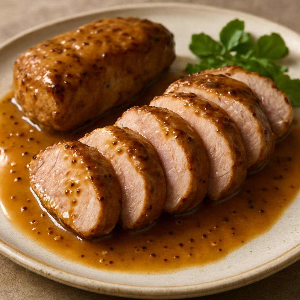 Entree: Jersey – Jersey Pork Tenderloin with Cider (Pan-seared pork tenderloin glazed with local cider and mustard) recipe
