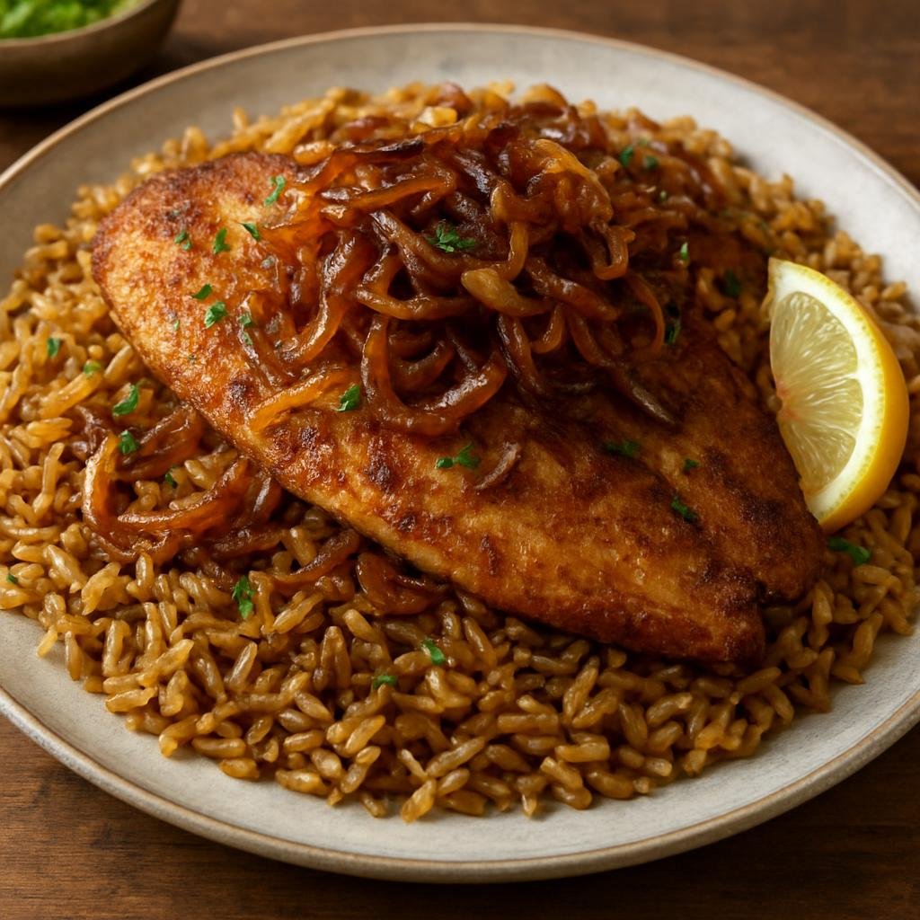 Entree: Jordan – صيادية ➤ Sayadiyah (Spiced fish and rice pilaf flavored with caramelized onions and warm Middle Eastern spices) recipe