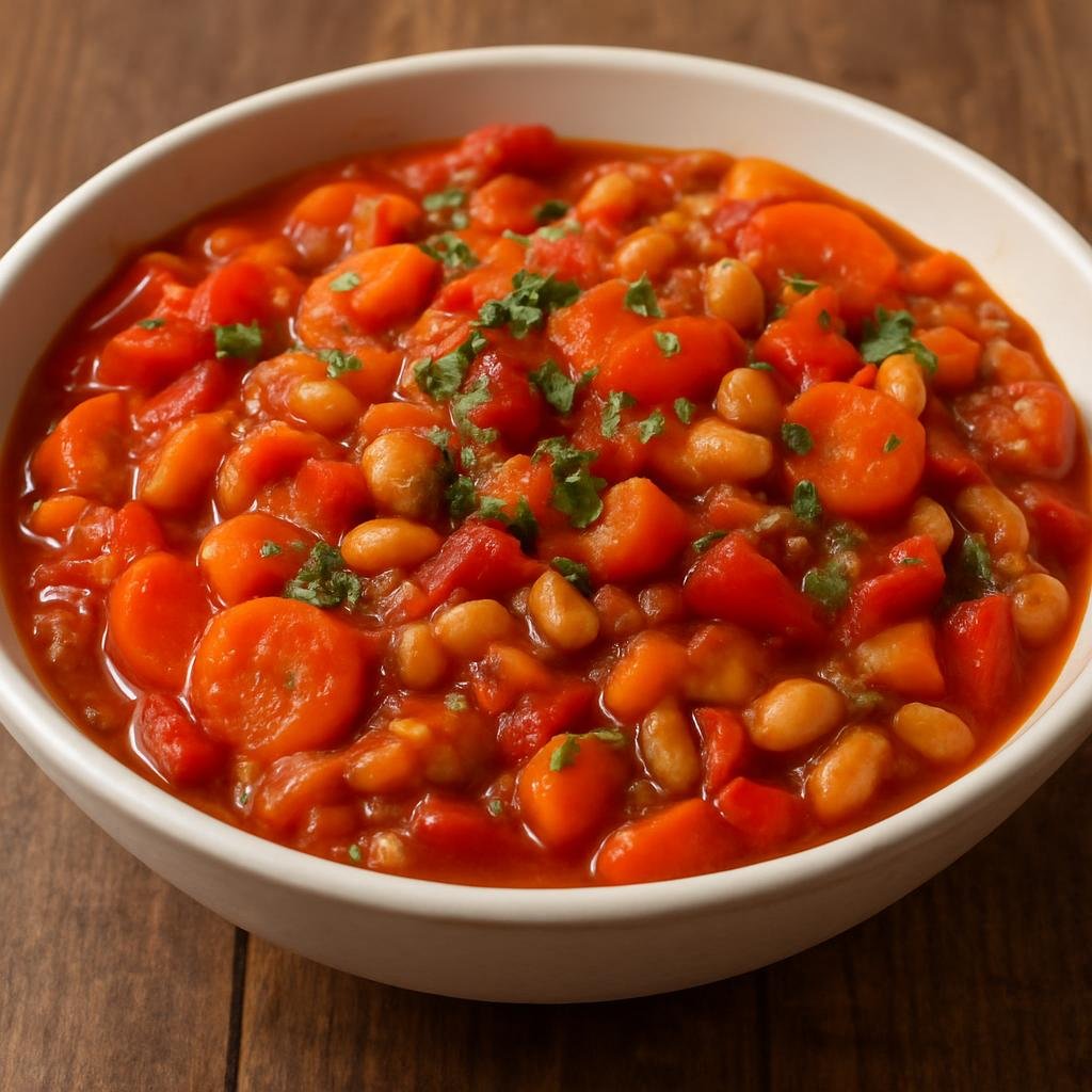 Entree: Lesotho – Chakalaka (Spicy stewed vegetable relish made with tomatoes, peppers, carrots, and beans) recipe