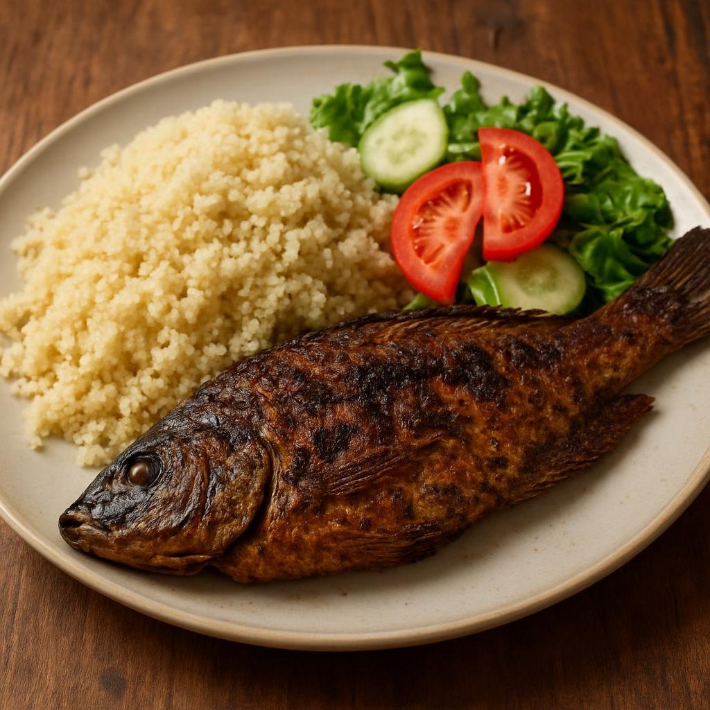 Entree: Liberia – Attieke with Fish (Fermented cassava couscous served with spiced grilled or fried fish and fresh salad) recipe