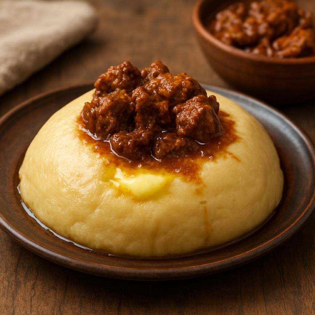 Entree: Libya – عصيدة ➤ ʿAṣīda (A dense cooked wheat dough or porridge formed into a mound and served with butter and a savory meat stew) recipe