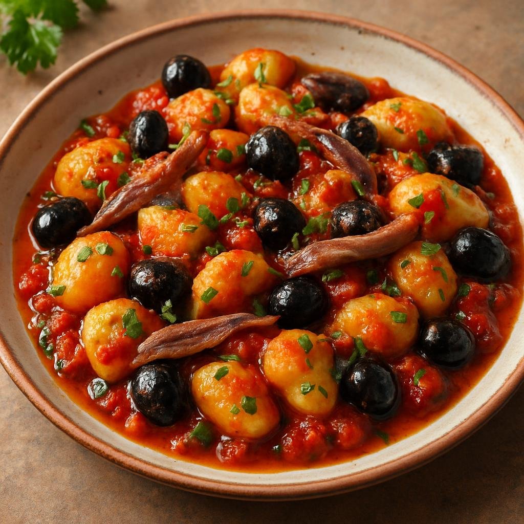Entree: Monaco – Gnocchi à la Niçoise (Potato dumplings tossed in a Niçoise-style tomato, olive, anchovy, and herb sauce) recipe