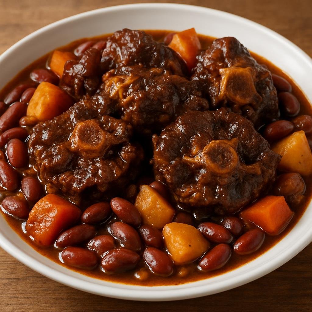Entree: Virgin Islands, British – Stewed Oxtail (Caribbean-style slow-braised oxtail in a rich, spiced gravy with beans and root vegetables) recipe