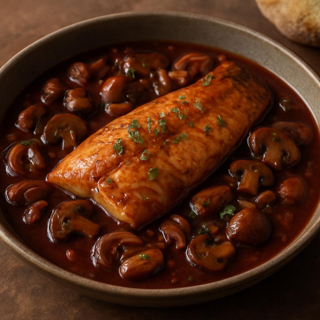 Entree: France – Alsace – Matelote du Rhin (Alsatian Rhine-style river fish stew braised in red wine with onions and mushrooms) recipe