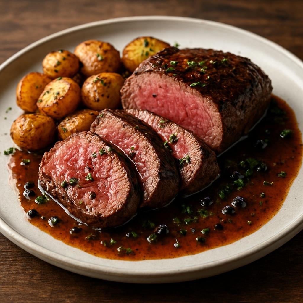 Entree: Canada – Alberta – Elk Tenderloin (Seared and roasted elk tenderloin with herb and juniper pan sauce) recipe