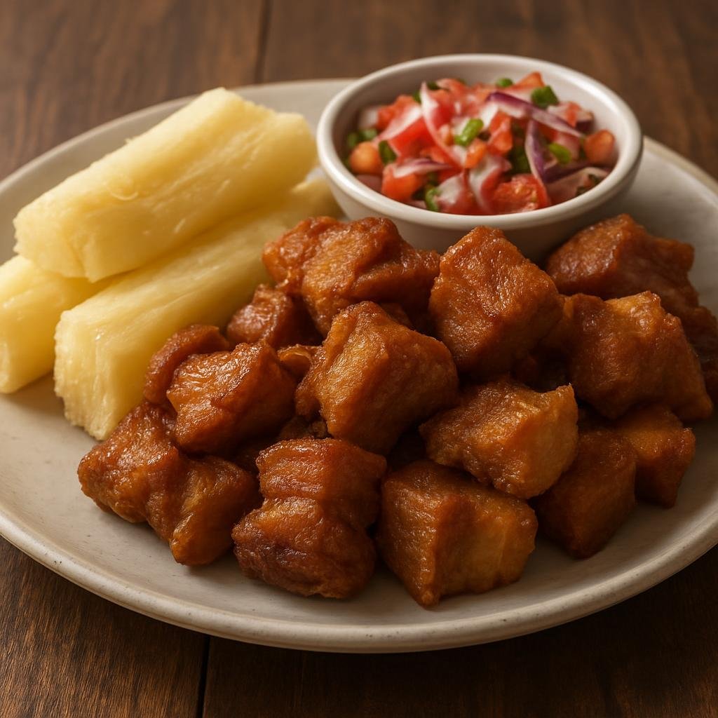 Entree: Peru – Afro-Peruvian – Chicharrón de Cerdo (Crispy fried pork pieces rendered until golden, typically served with salsa criolla and yuca) recipe