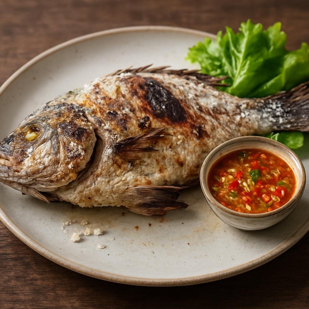 Entree: Thailand – Bangkok Street Food – ปลาเผา ➤ pla phao (Whole fish salt-crusted and charcoal-grilled, served with a tangy Thai dipping sauce) recipe