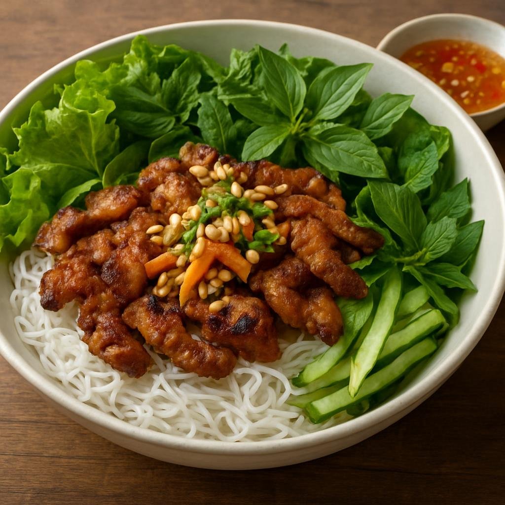 Entree: Vietnam – Central Vietnam – Bún Thịt Nướng (Grilled marinated pork served over rice vermicelli with fresh herbs and a tangy fish-sauce dressing) recipe