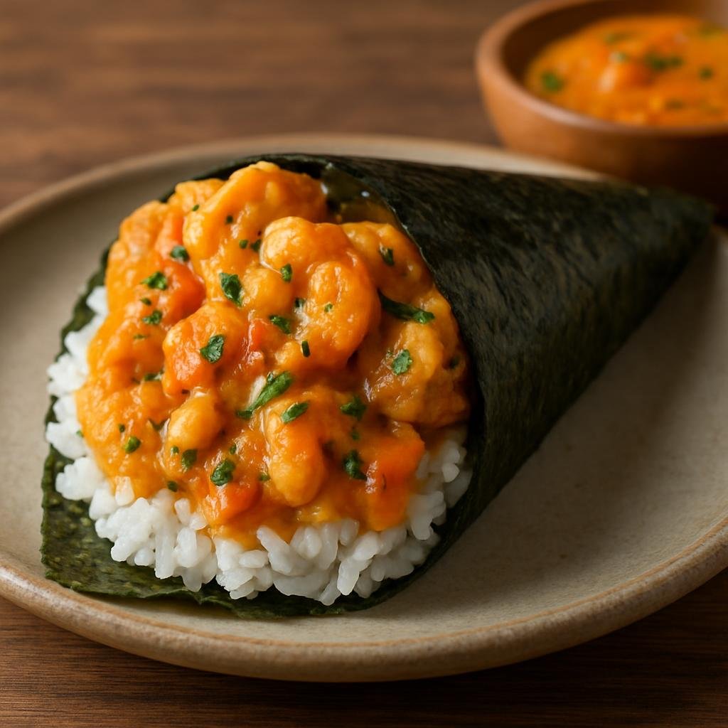 Entree: Brazil – Brazilian Japanese – Temaki de Moqueca (Hand-rolled seaweed cone with sushi rice and moqueca-style coconut seafood) recipe