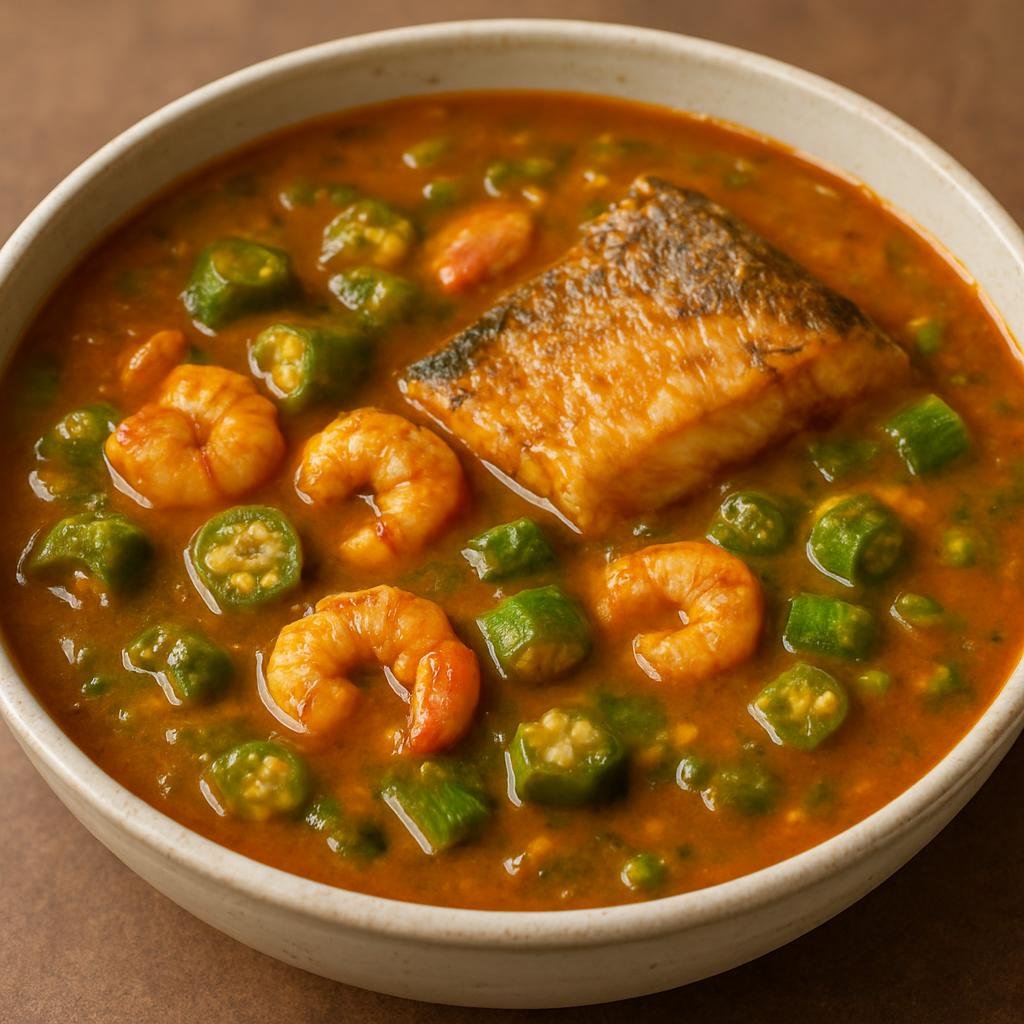 Entree: Senegal – Casamance – Soupe Kandia (Thick West African okra and palm-oil soup typically cooked with fish or seafood) recipe